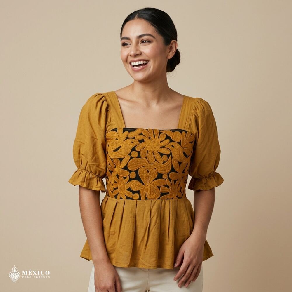 Mexican Embroidered Peplum Blouse – Handmade Cotton Puff Sleeve Corset Top